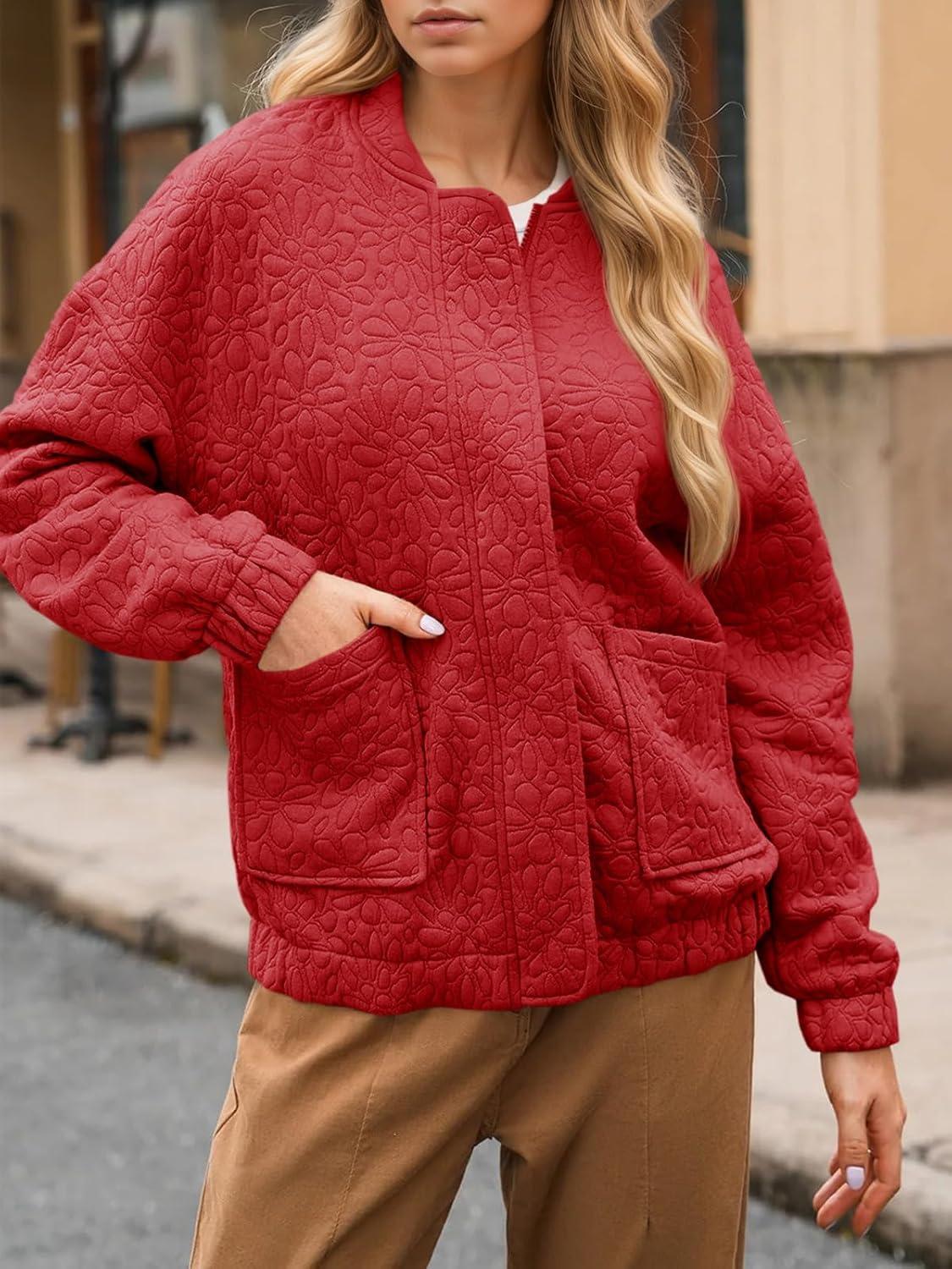 imageTankaneo Womens Bomber Jackets Lightweight Zip Up Fashion Cute Jacquard Coats Fall Varsity jacketRed