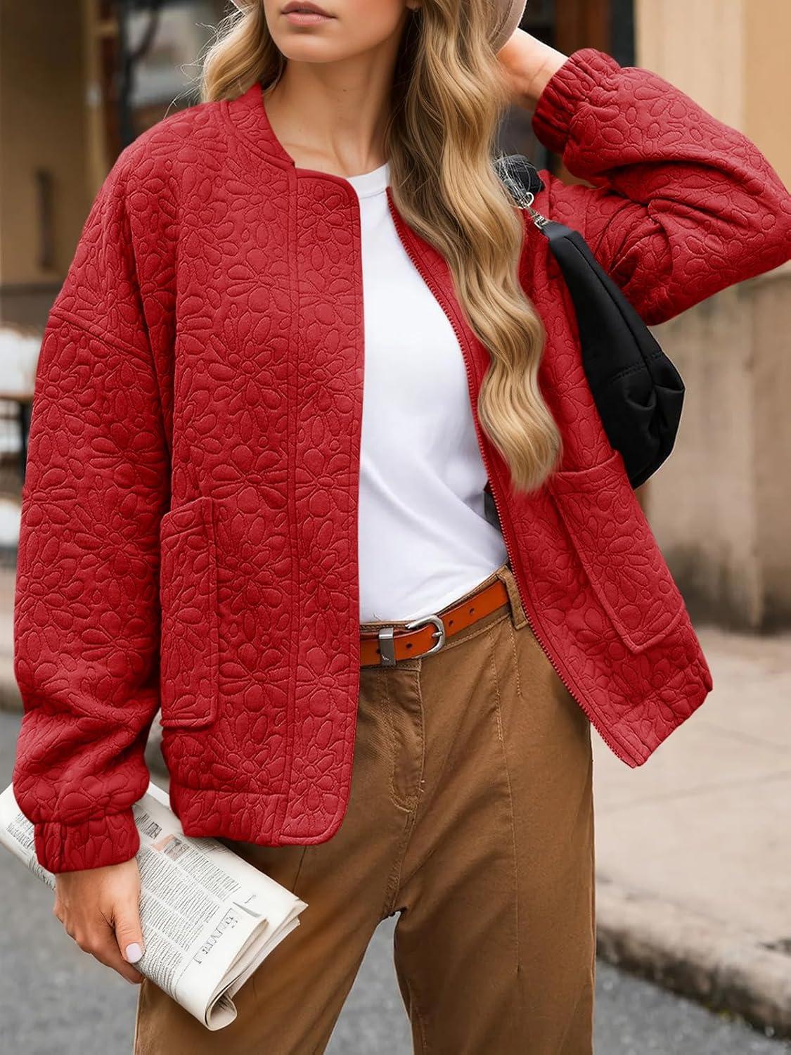 imageTankaneo Womens Bomber Jackets Lightweight Zip Up Fashion Cute Jacquard Coats Fall Varsity jacketRed