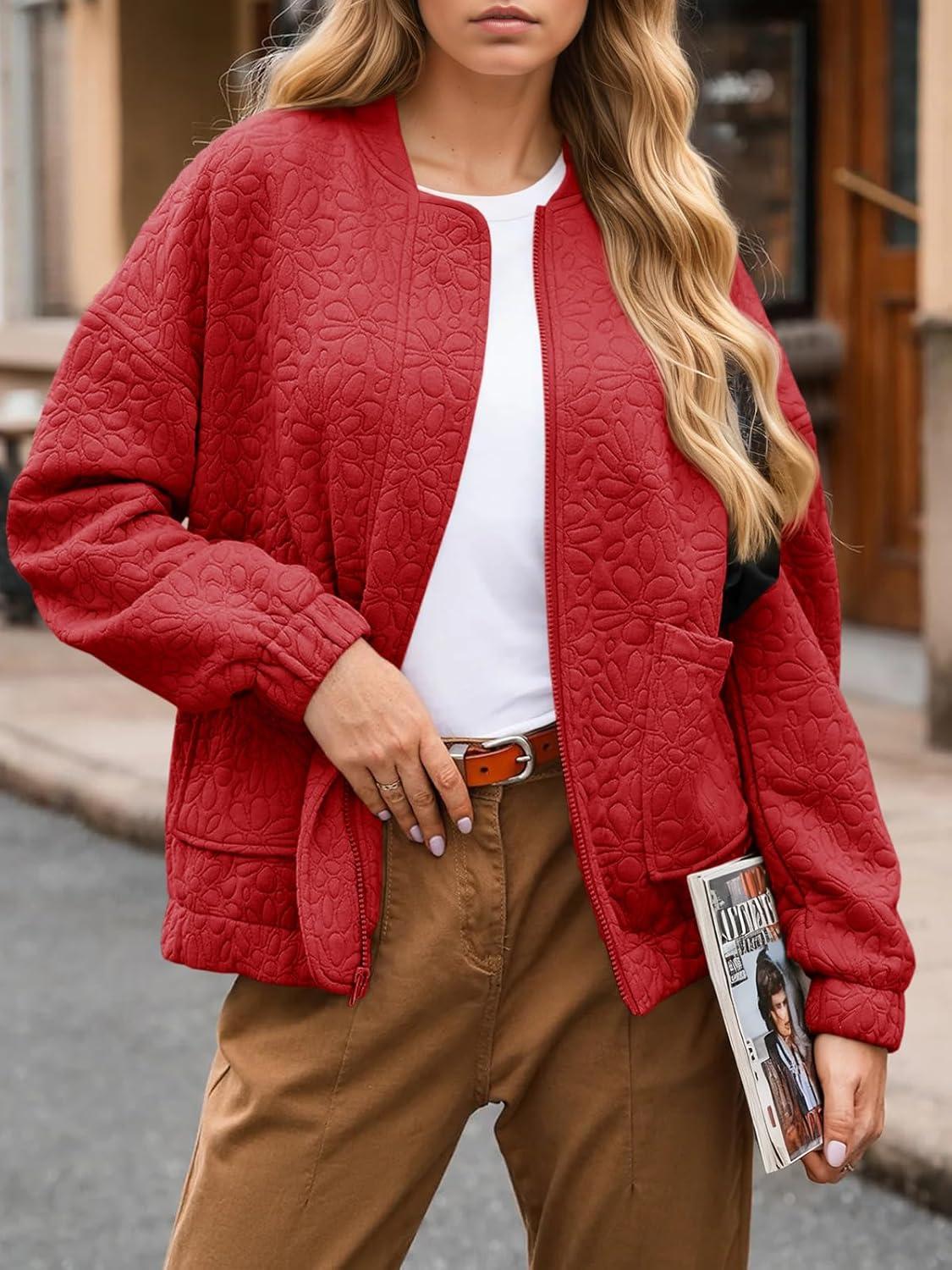 imageTankaneo Womens Bomber Jackets Lightweight Zip Up Fashion Cute Jacquard Coats Fall Varsity jacketRed