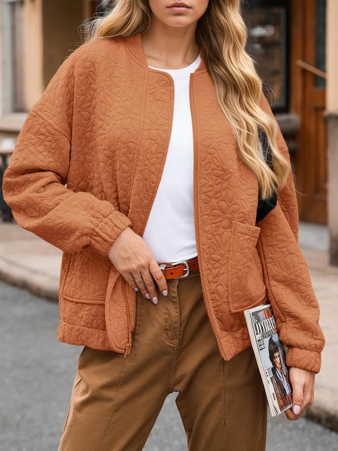 imageTankaneo Womens Bomber Jackets Lightweight Zip Up Fashion Cute Jacquard Coats Fall Varsity jacketRedbrown