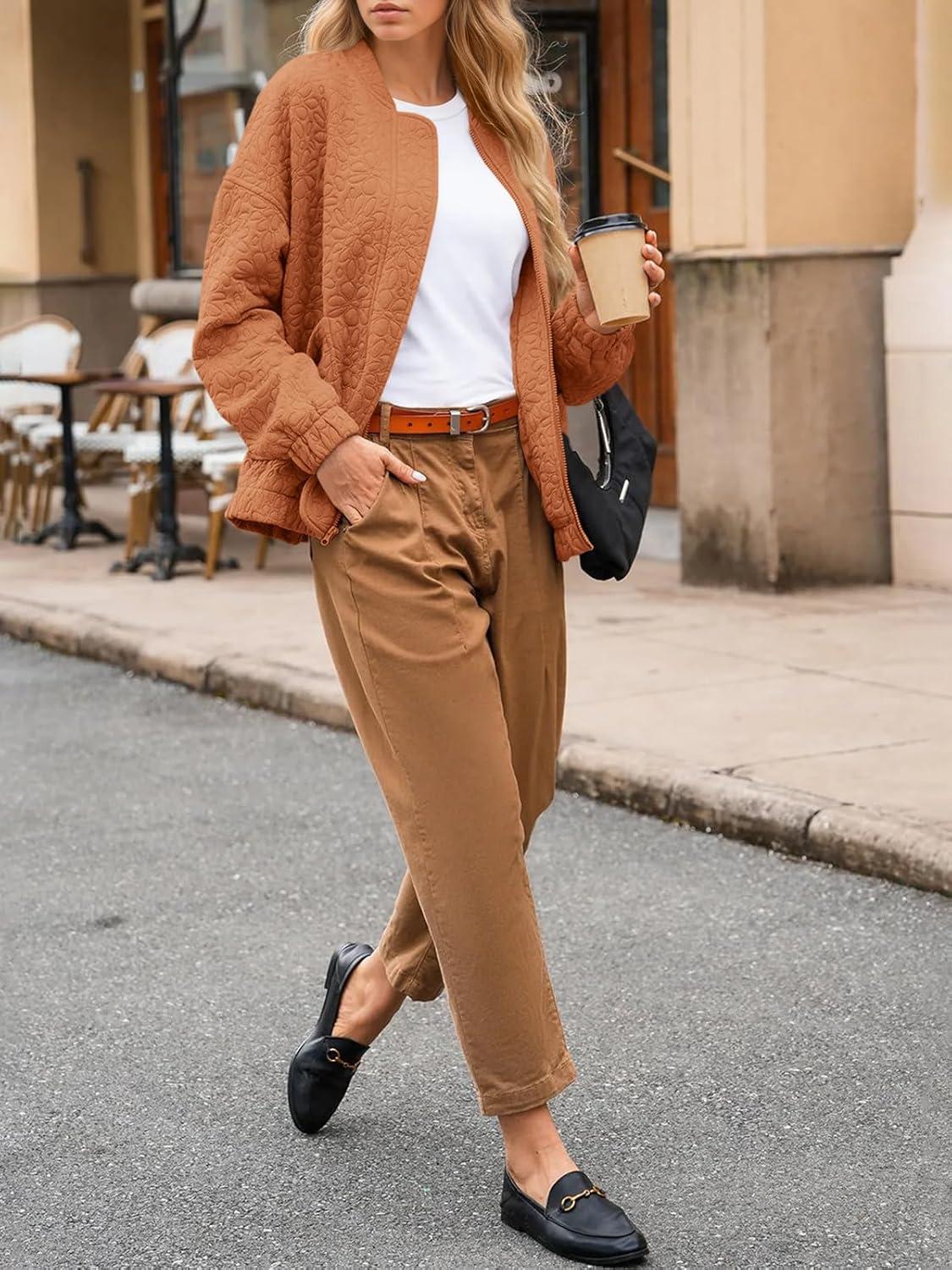 imageTankaneo Womens Bomber Jackets Lightweight Zip Up Fashion Cute Jacquard Coats Fall Varsity jacketRedbrown