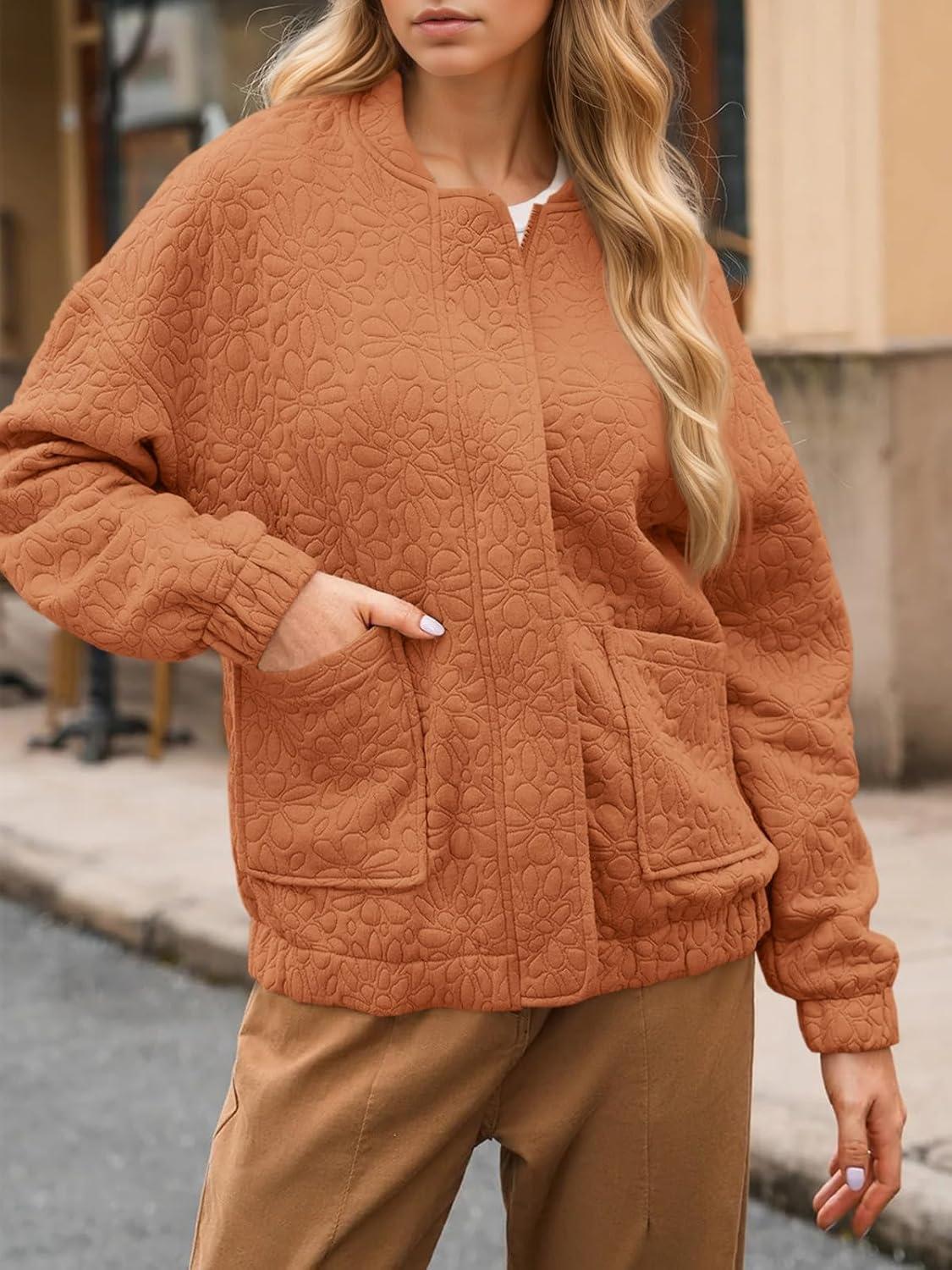 imageTankaneo Womens Bomber Jackets Lightweight Zip Up Fashion Cute Jacquard Coats Fall Varsity jacketRedbrown