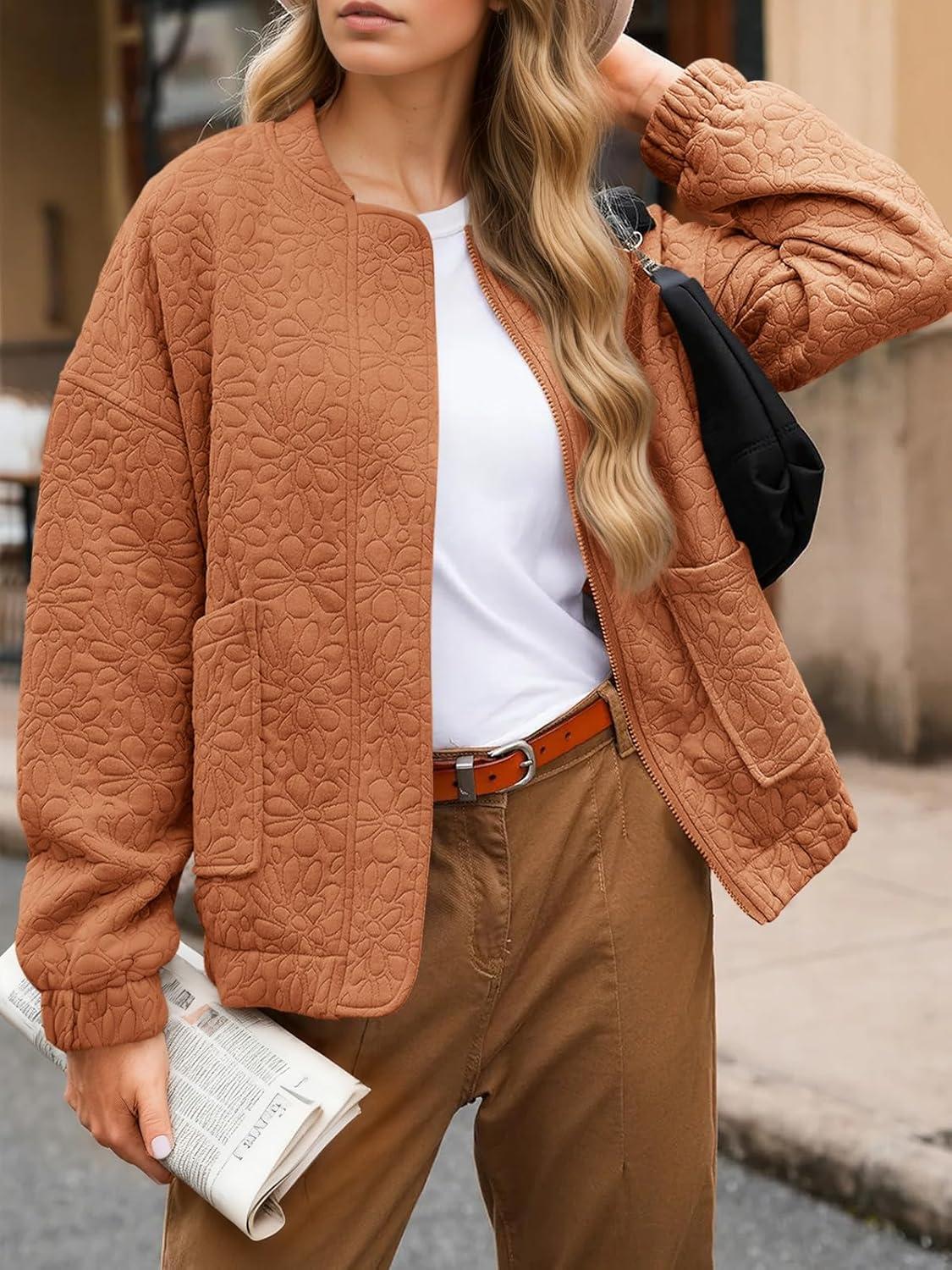 imageTankaneo Womens Bomber Jackets Lightweight Zip Up Fashion Cute Jacquard Coats Fall Varsity jacketRedbrown