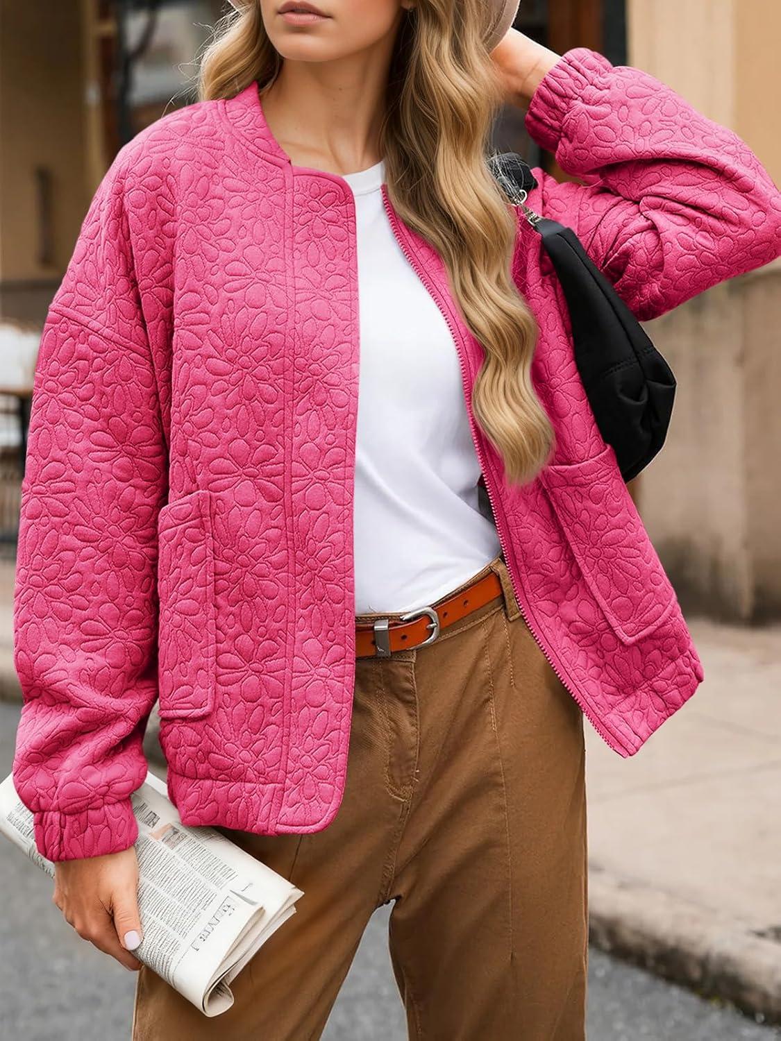 imageTankaneo Womens Bomber Jackets Lightweight Zip Up Fashion Cute Jacquard Coats Fall Varsity jacketRose Red