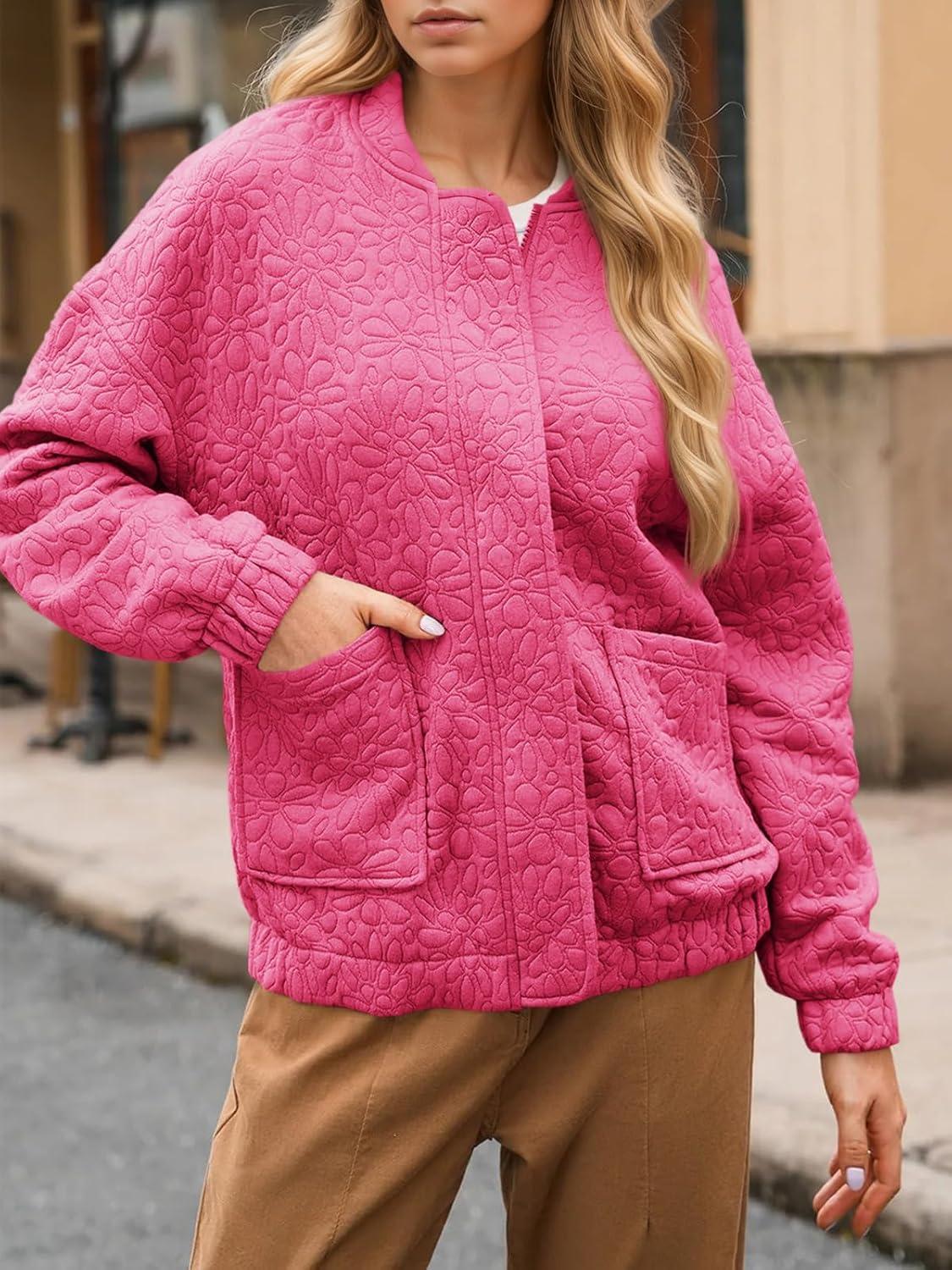 imageTankaneo Womens Bomber Jackets Lightweight Zip Up Fashion Cute Jacquard Coats Fall Varsity jacketRose Red