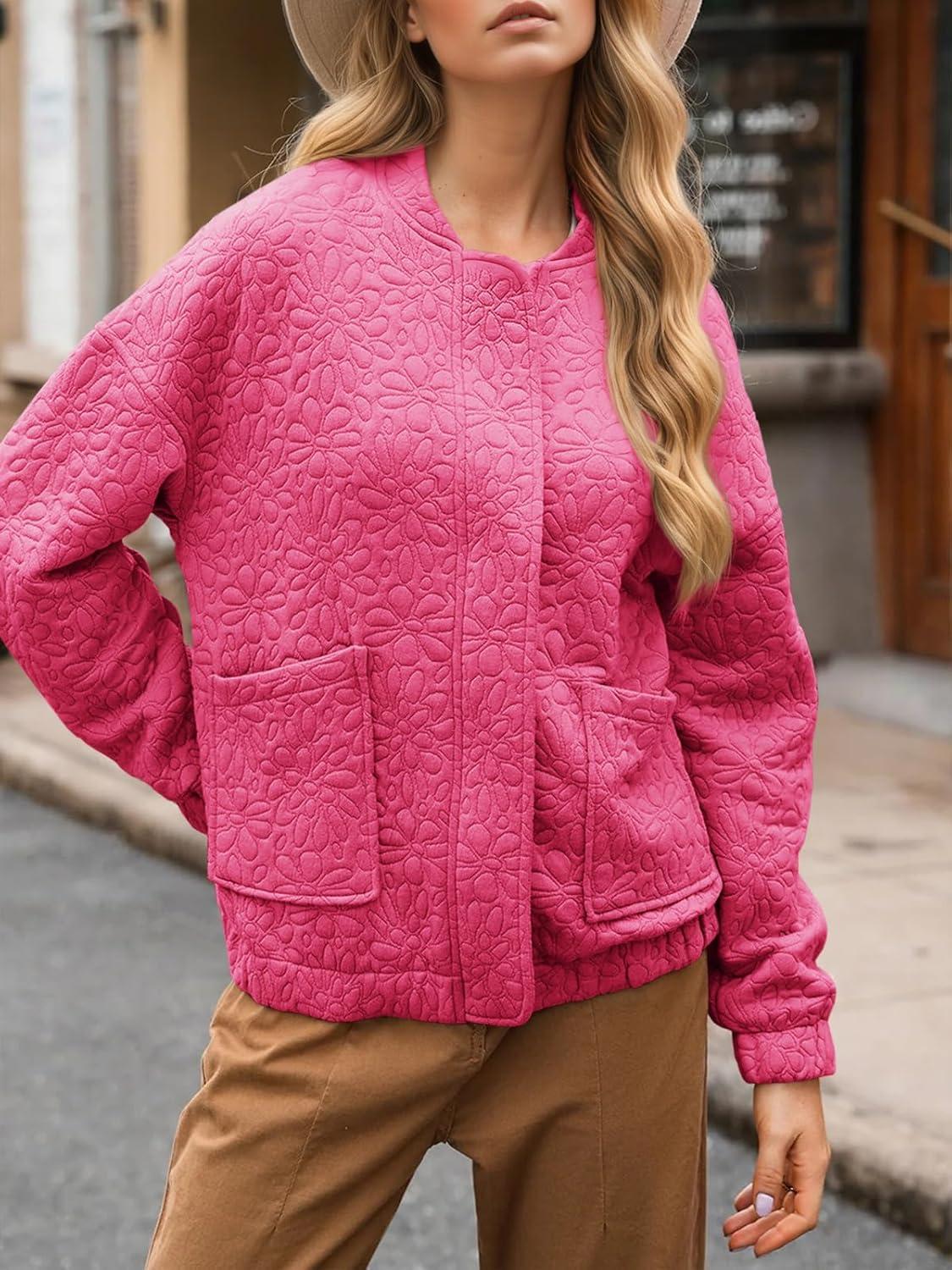 imageTankaneo Womens Bomber Jackets Lightweight Zip Up Fashion Cute Jacquard Coats Fall Varsity jacketRose Red