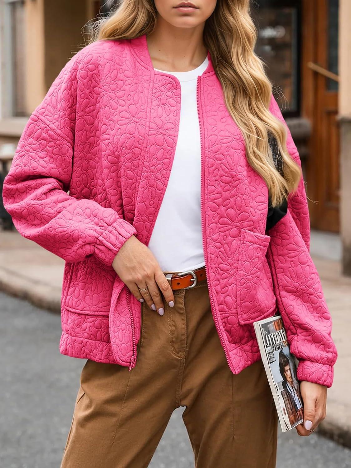 imageTankaneo Womens Bomber Jackets Lightweight Zip Up Fashion Cute Jacquard Coats Fall Varsity jacketRose Red