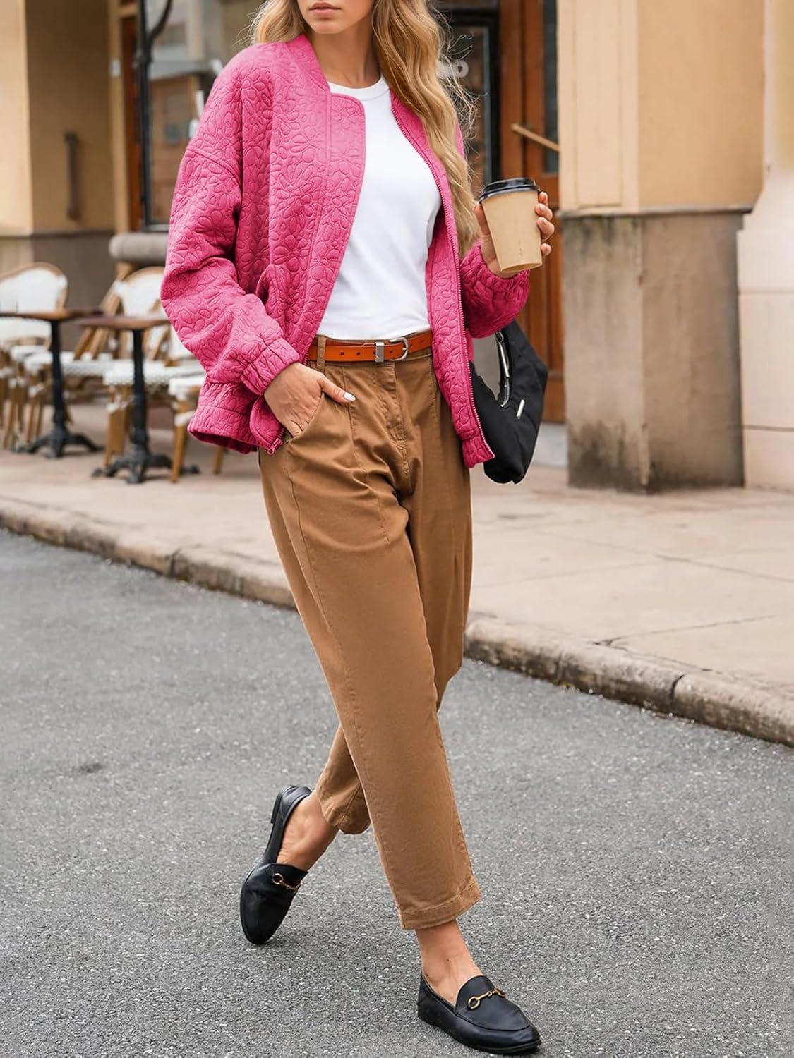 imageTankaneo Womens Bomber Jackets Lightweight Zip Up Fashion Cute Jacquard Coats Fall Varsity jacketRose Red