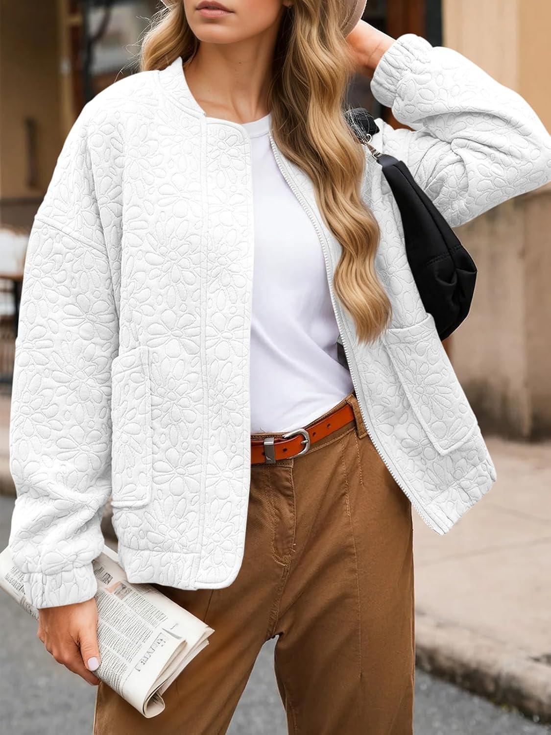 imageTankaneo Womens Bomber Jackets Lightweight Zip Up Fashion Cute Jacquard Coats Fall Varsity jacketWhite