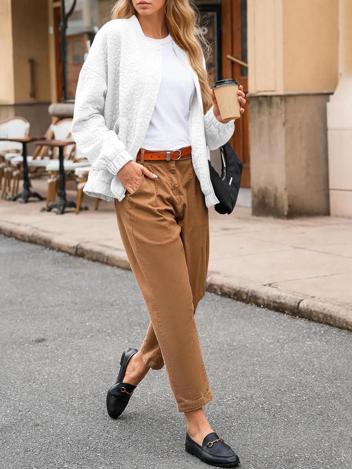 imageTankaneo Womens Bomber Jackets Lightweight Zip Up Fashion Cute Jacquard Coats Fall Varsity jacketWhite