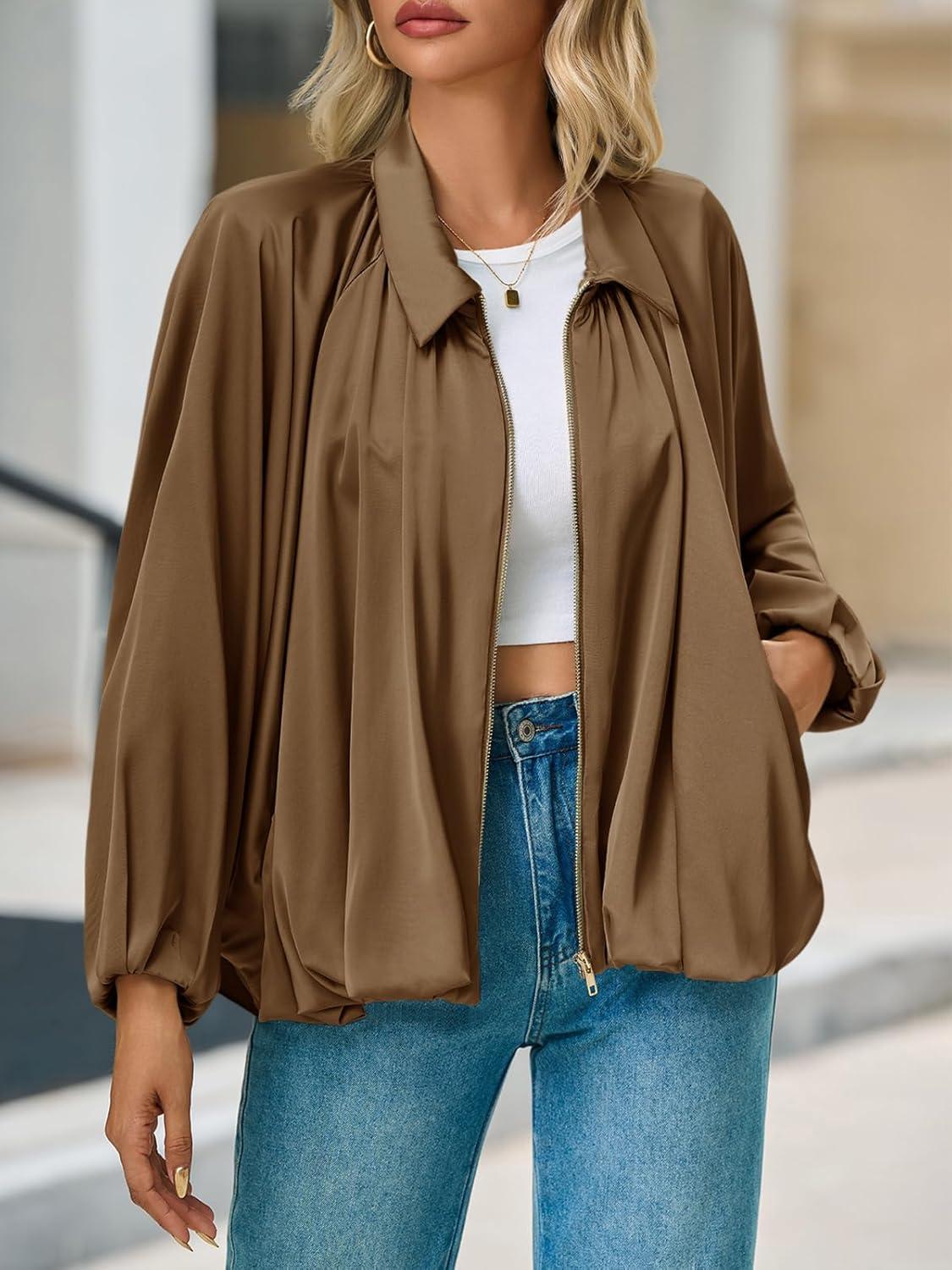 imageTankaneo Womens Bomber Jackets Oversized Batwing Sleeve Zip Up Puffed Jacket Lapel Collar Pleated OuterwearBrown