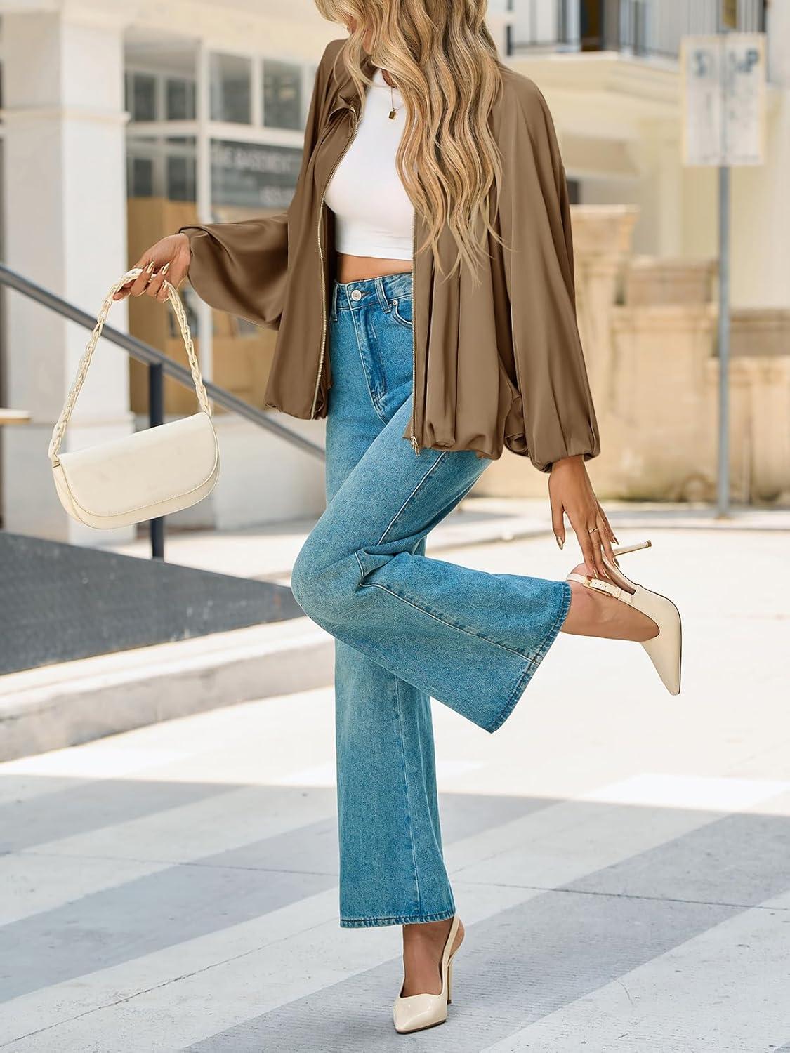 imageTankaneo Womens Bomber Jackets Oversized Batwing Sleeve Zip Up Puffed Jacket Lapel Collar Pleated OuterwearBrown