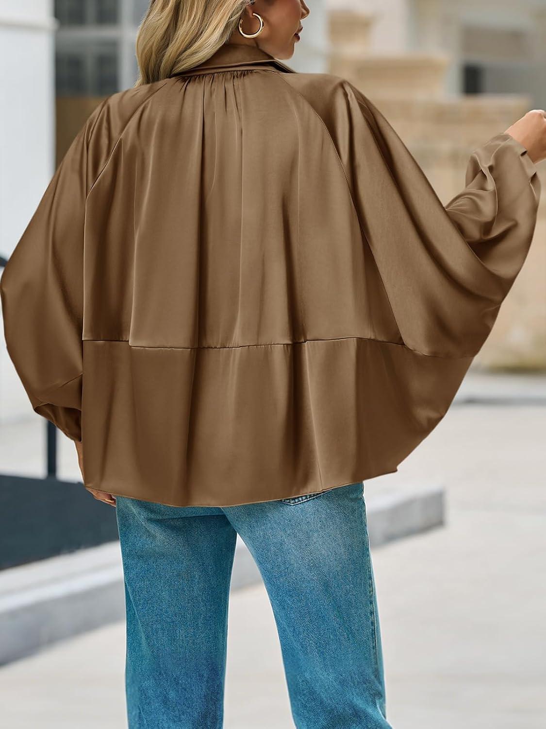 imageTankaneo Womens Bomber Jackets Oversized Batwing Sleeve Zip Up Puffed Jacket Lapel Collar Pleated OuterwearBrown