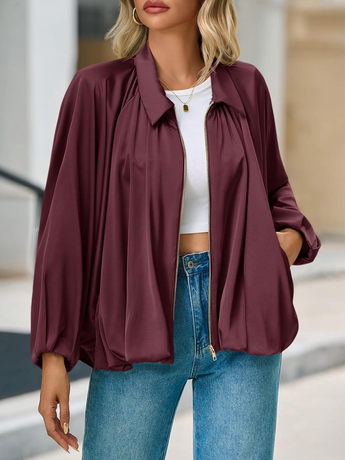 imageTankaneo Womens Bomber Jackets Oversized Batwing Sleeve Zip Up Puffed Jacket Lapel Collar Pleated OuterwearBurgundy