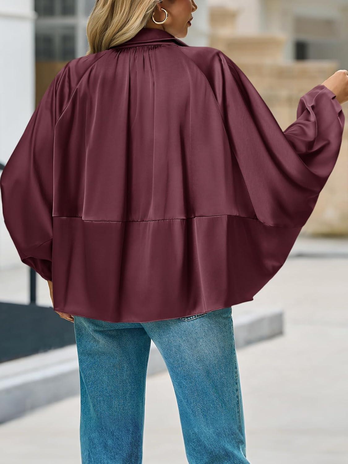 imageTankaneo Womens Bomber Jackets Oversized Batwing Sleeve Zip Up Puffed Jacket Lapel Collar Pleated OuterwearBurgundy