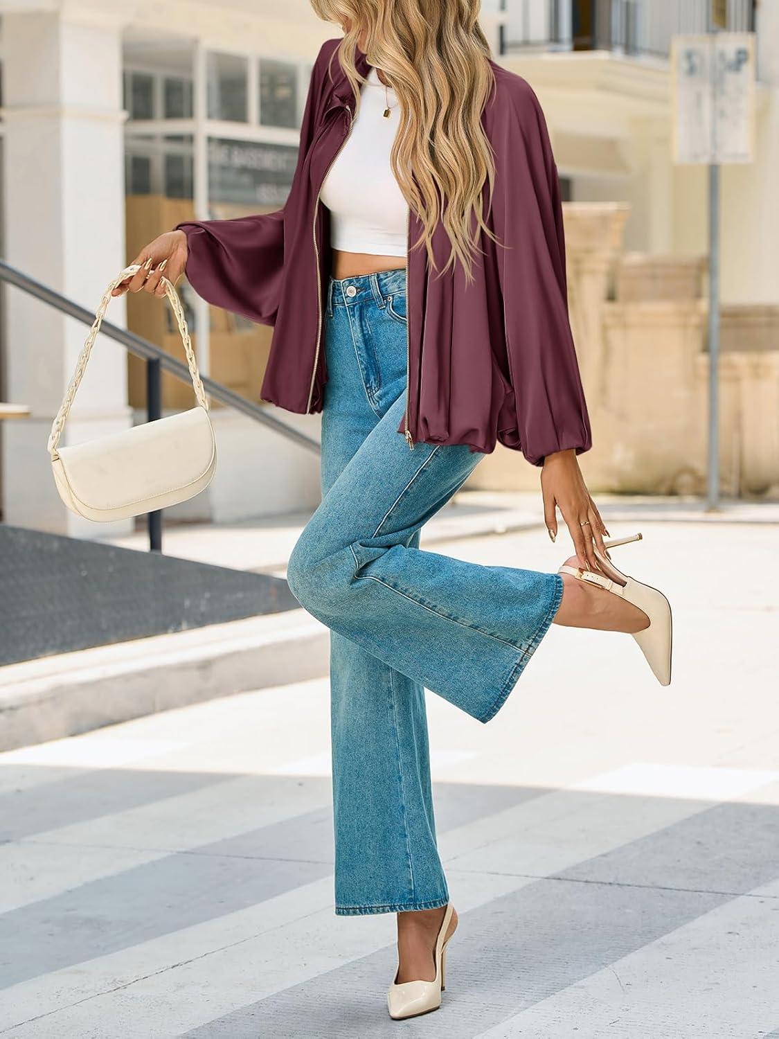 imageTankaneo Womens Bomber Jackets Oversized Batwing Sleeve Zip Up Puffed Jacket Lapel Collar Pleated OuterwearBurgundy