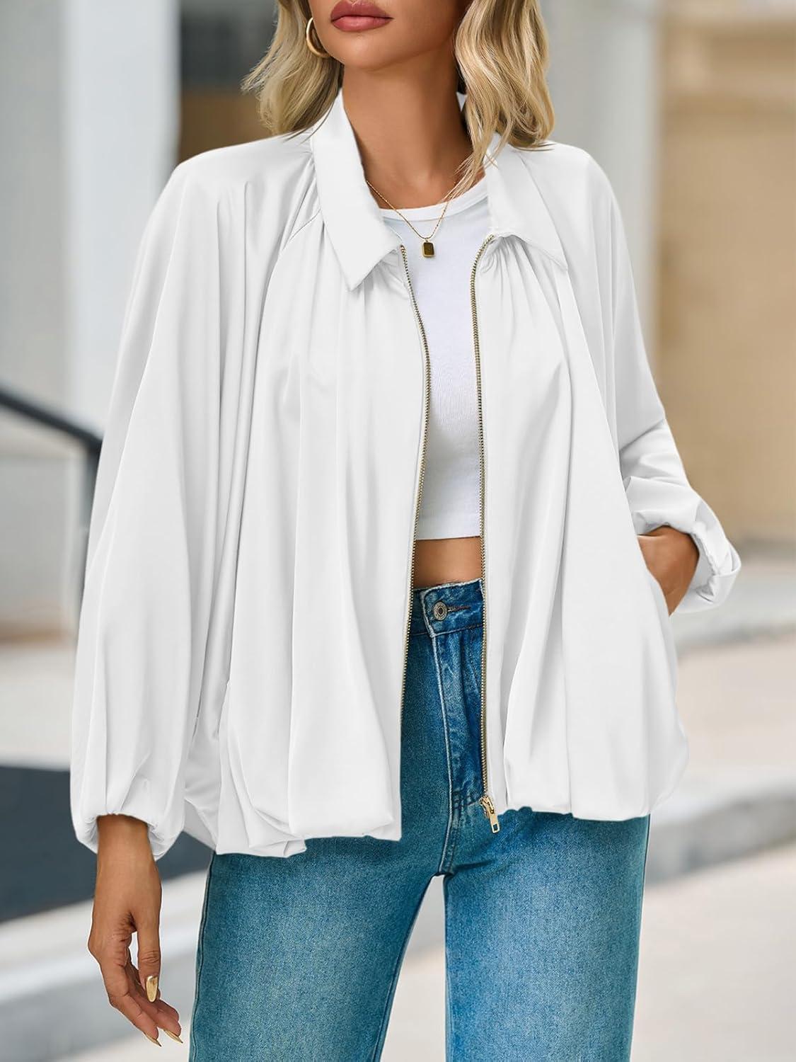 imageTankaneo Womens Bomber Jackets Oversized Batwing Sleeve Zip Up Puffed Jacket Lapel Collar Pleated OuterwearWhite