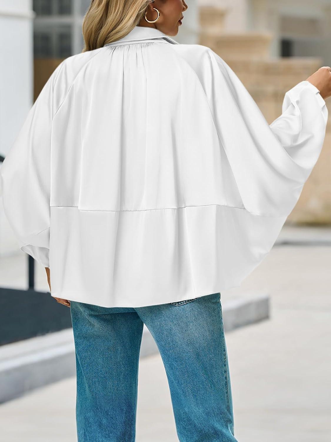 imageTankaneo Womens Bomber Jackets Oversized Batwing Sleeve Zip Up Puffed Jacket Lapel Collar Pleated OuterwearWhite