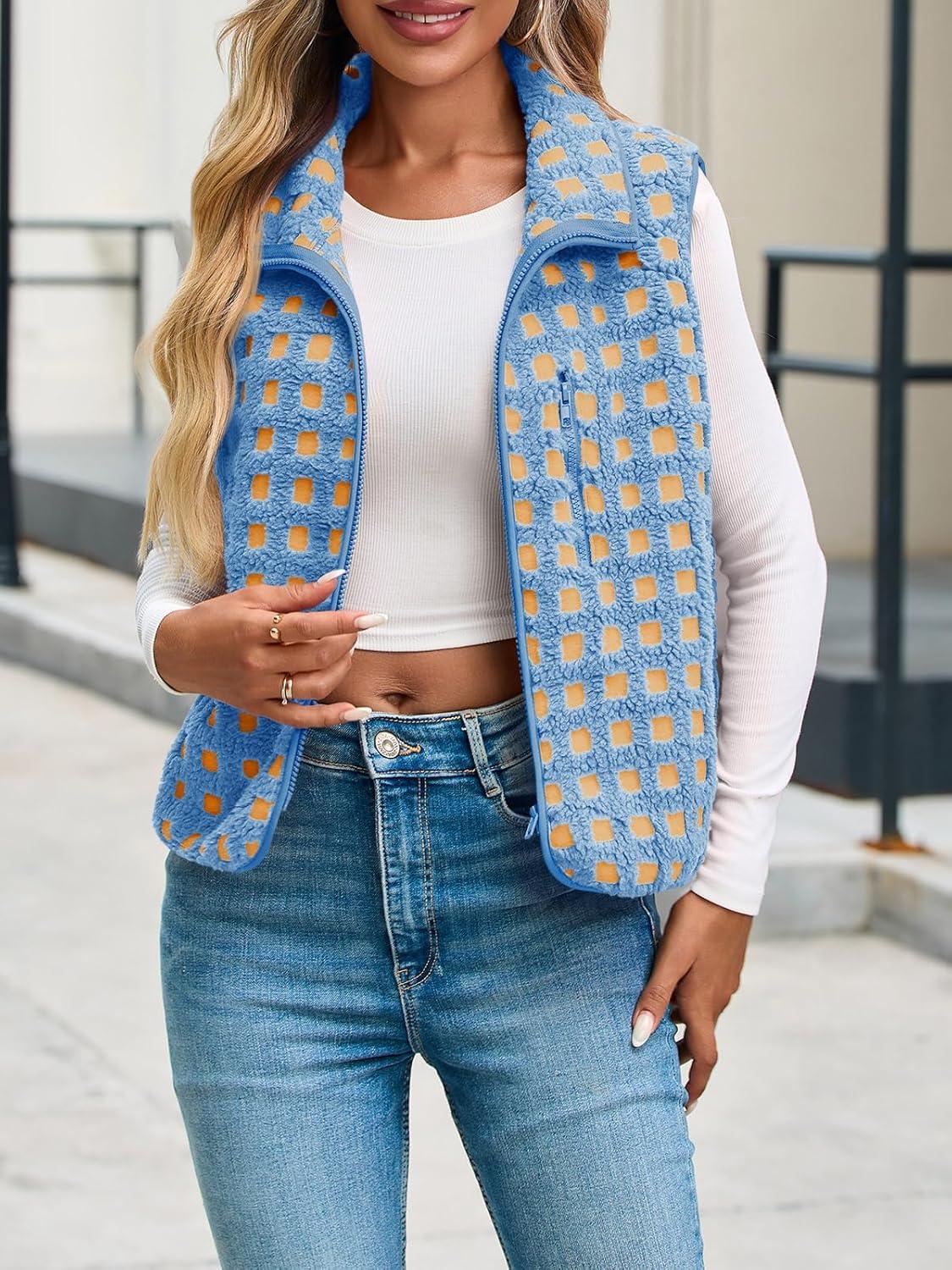 imageTankaneo Womens Checkered Sherpa Vest Fleece Fuzzy Zip Up Sleeveless Jacket Casual 2025 Winter Warm OutwearBlue