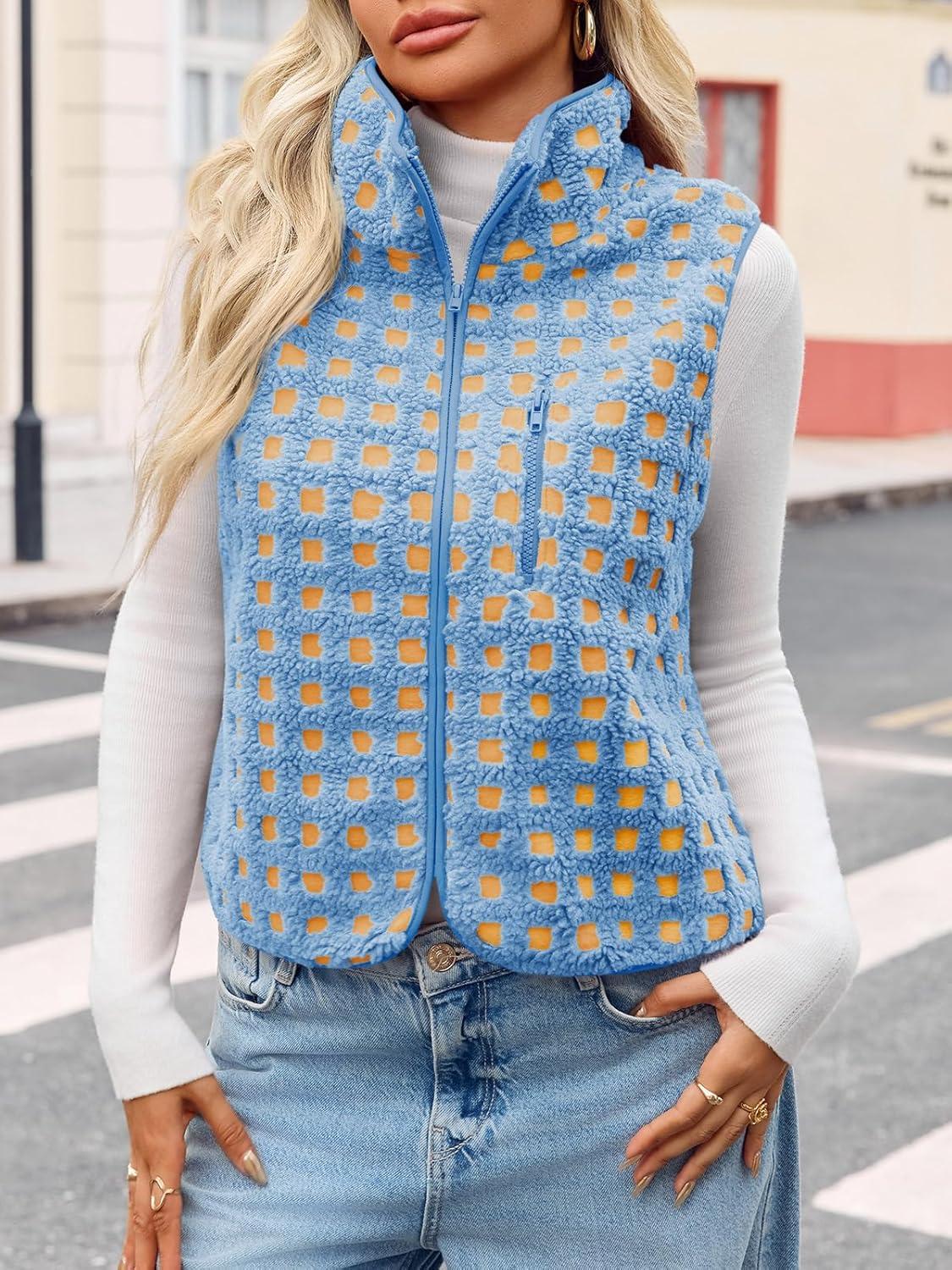 imageTankaneo Womens Checkered Sherpa Vest Fleece Fuzzy Zip Up Sleeveless Jacket Casual 2025 Winter Warm OutwearBlue