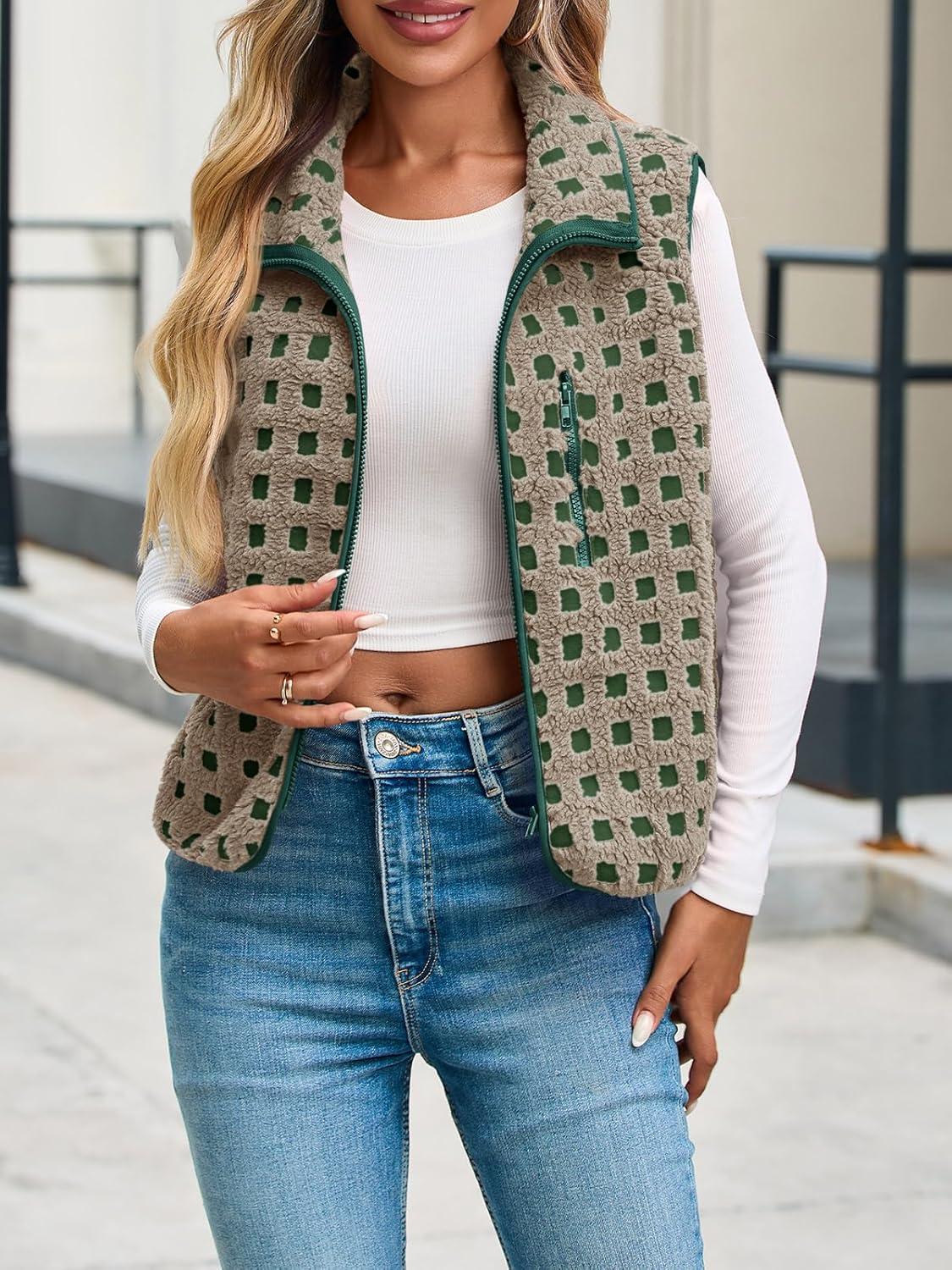 imageTankaneo Womens Checkered Sherpa Vest Fleece Fuzzy Zip Up Sleeveless Jacket Casual 2025 Winter Warm OutwearGreen