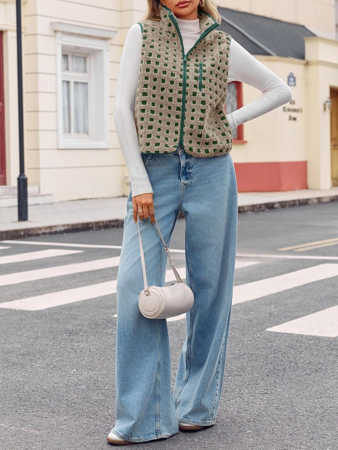 imageTankaneo Womens Checkered Sherpa Vest Fleece Fuzzy Zip Up Sleeveless Jacket Casual 2025 Winter Warm OutwearGreen