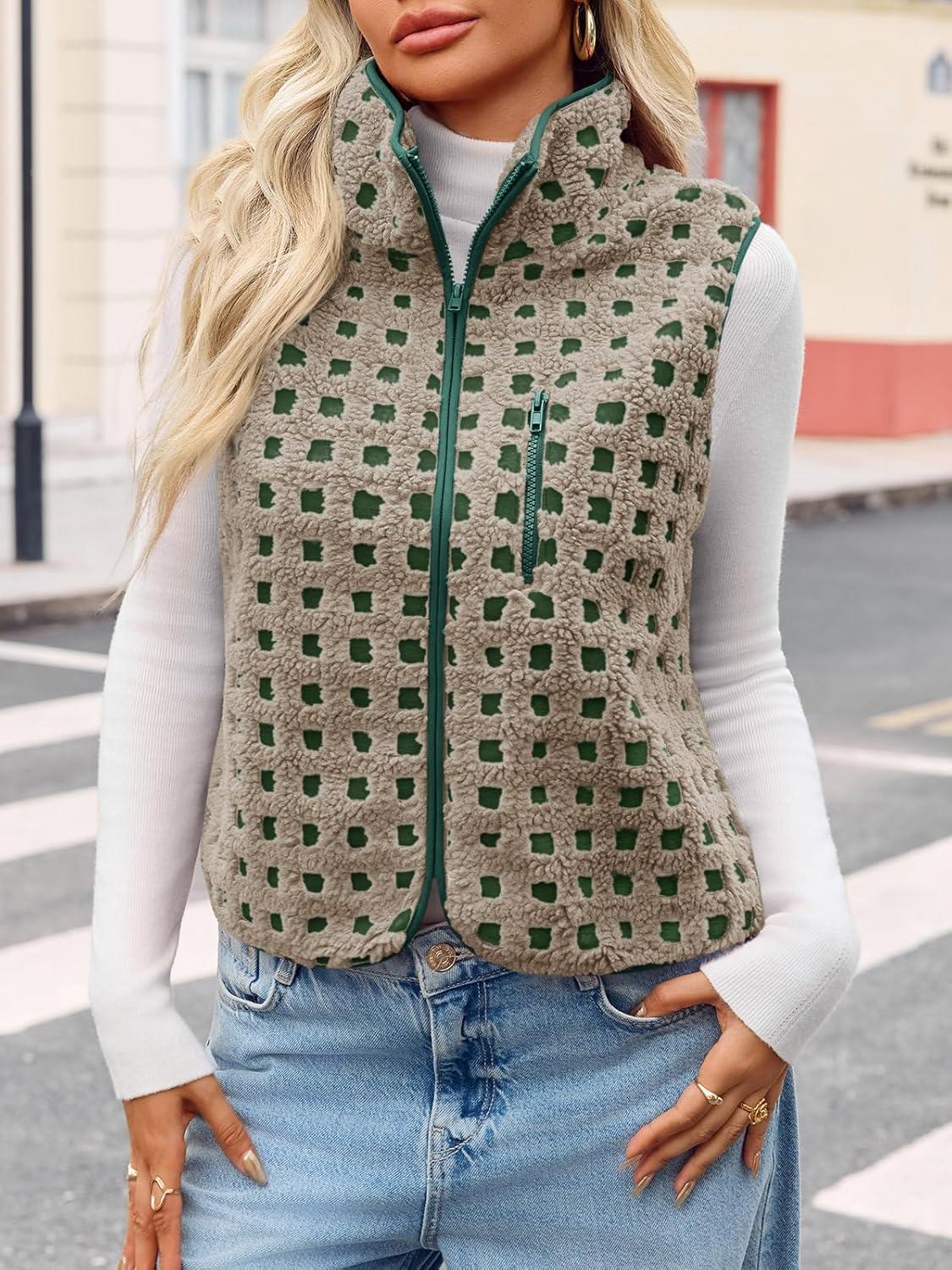 imageTankaneo Womens Checkered Sherpa Vest Fleece Fuzzy Zip Up Sleeveless Jacket Casual 2025 Winter Warm OutwearGreen