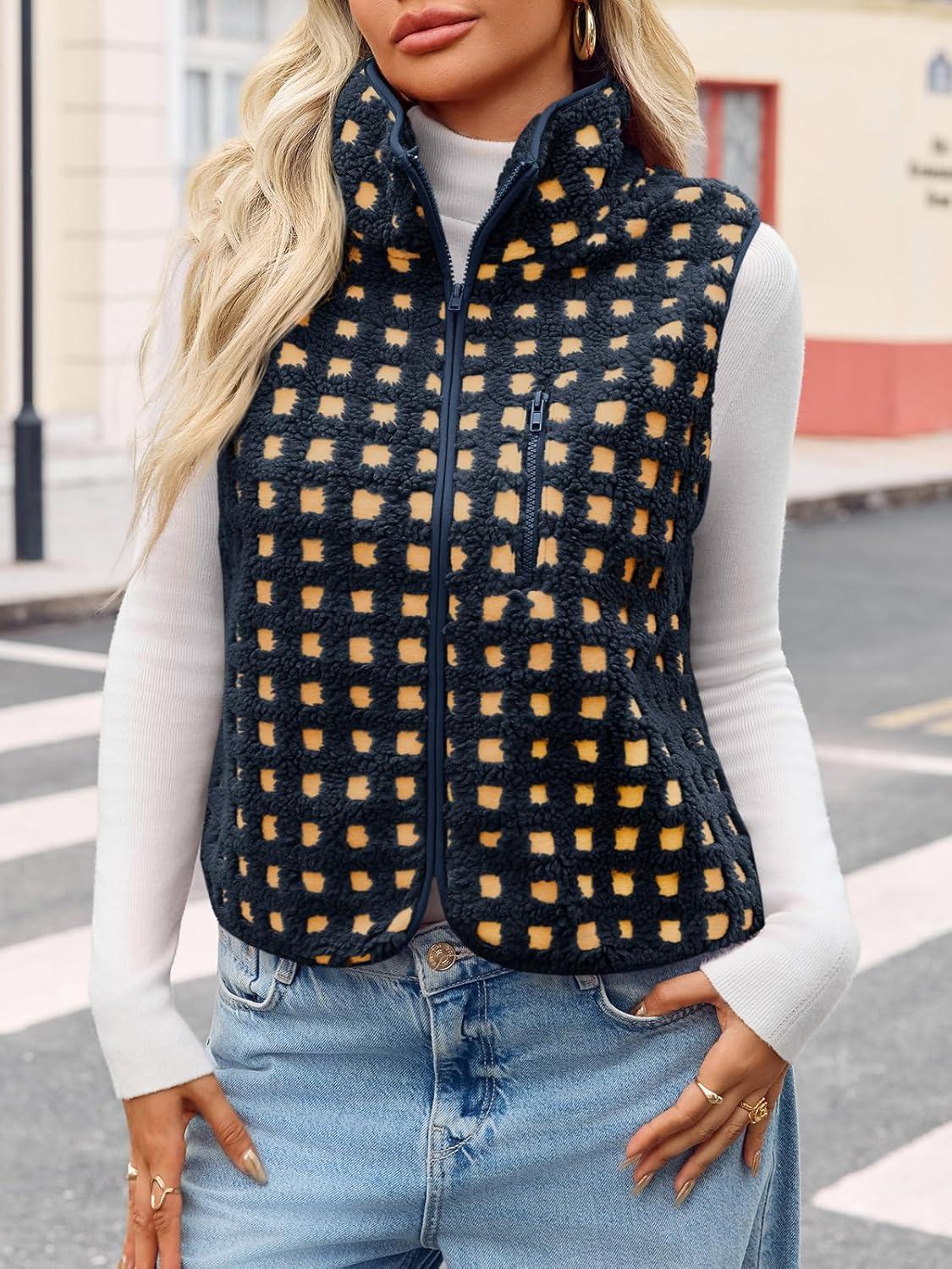 imageTankaneo Womens Checkered Sherpa Vest Fleece Fuzzy Zip Up Sleeveless Jacket Casual 2025 Winter Warm OutwearNavy