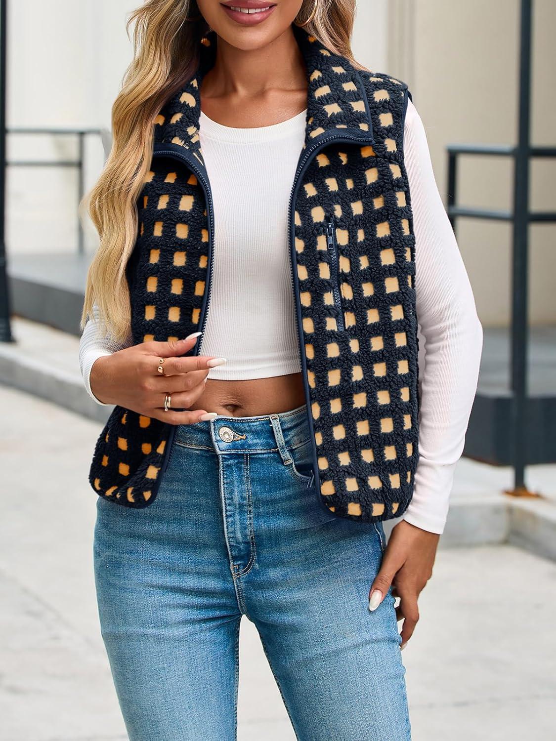 imageTankaneo Womens Checkered Sherpa Vest Fleece Fuzzy Zip Up Sleeveless Jacket Casual 2025 Winter Warm OutwearNavy