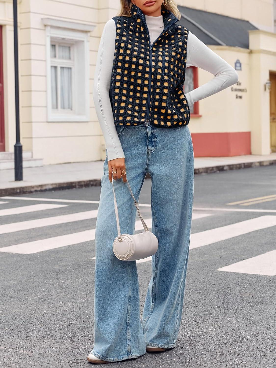 imageTankaneo Womens Checkered Sherpa Vest Fleece Fuzzy Zip Up Sleeveless Jacket Casual 2025 Winter Warm OutwearNavy