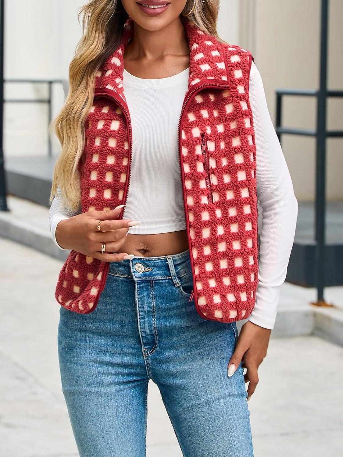 imageTankaneo Womens Checkered Sherpa Vest Fleece Fuzzy Zip Up Sleeveless Jacket Casual 2025 Winter Warm OutwearRed
