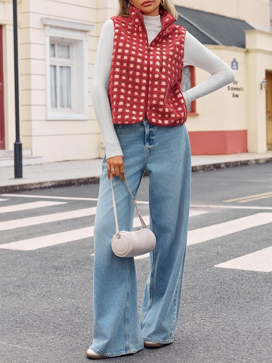 imageTankaneo Womens Checkered Sherpa Vest Fleece Fuzzy Zip Up Sleeveless Jacket Casual 2025 Winter Warm OutwearRed