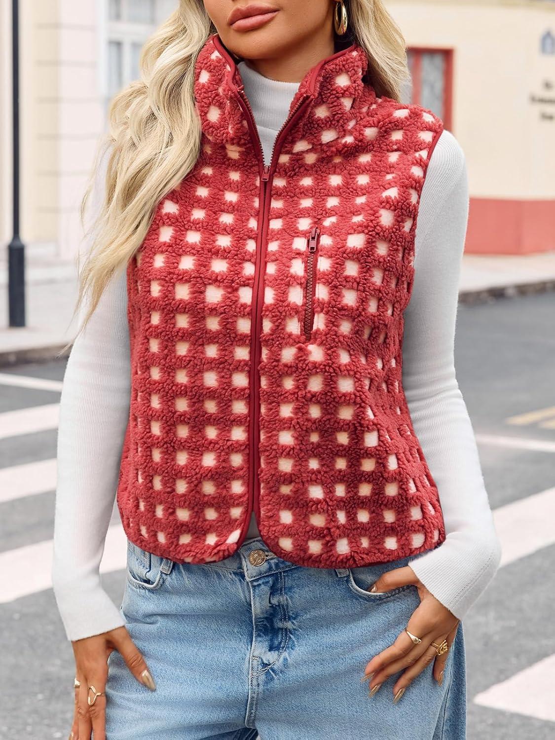 imageTankaneo Womens Checkered Sherpa Vest Fleece Fuzzy Zip Up Sleeveless Jacket Casual 2025 Winter Warm OutwearRed