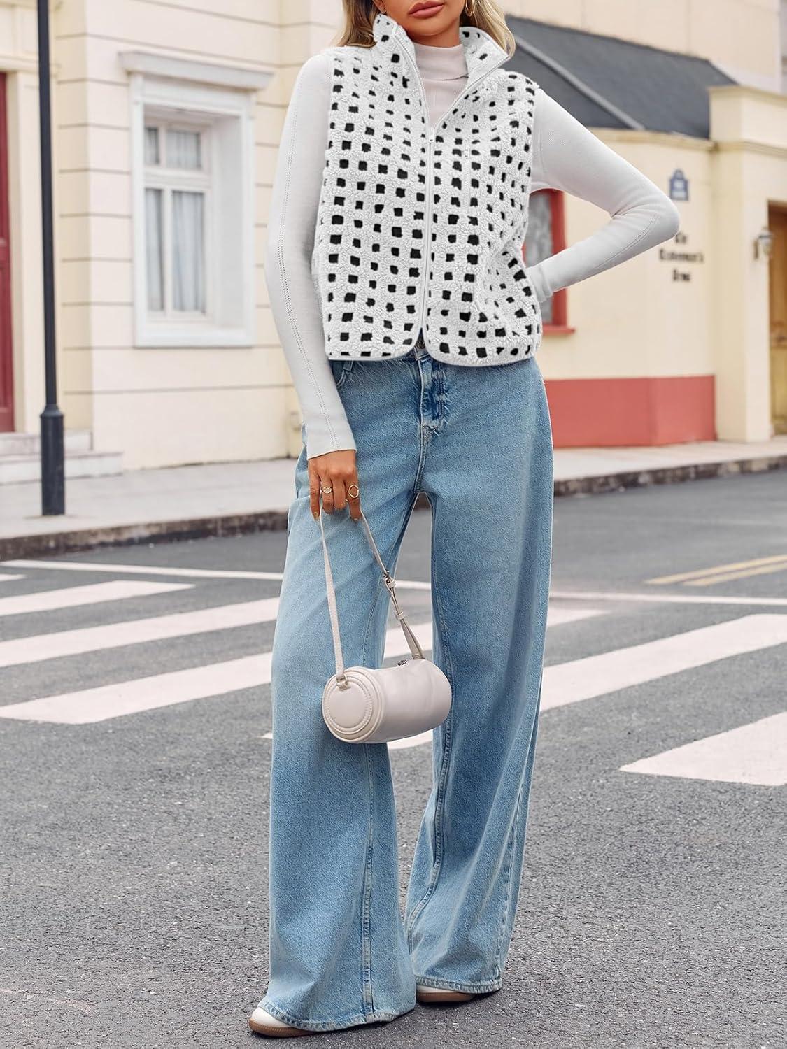 imageTankaneo Womens Checkered Sherpa Vest Fleece Fuzzy Zip Up Sleeveless Jacket Casual 2025 Winter Warm OutwearWhite