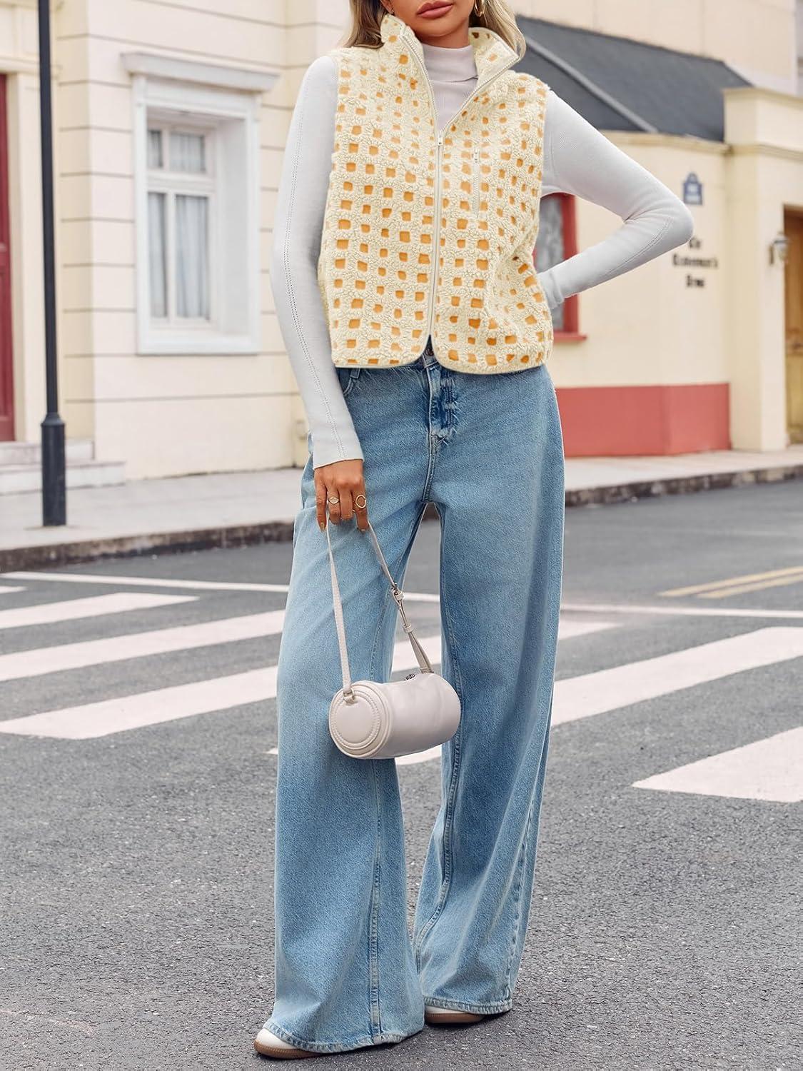 imageTankaneo Womens Checkered Sherpa Vest Fleece Fuzzy Zip Up Sleeveless Jacket Casual 2025 Winter Warm OutwearYellow