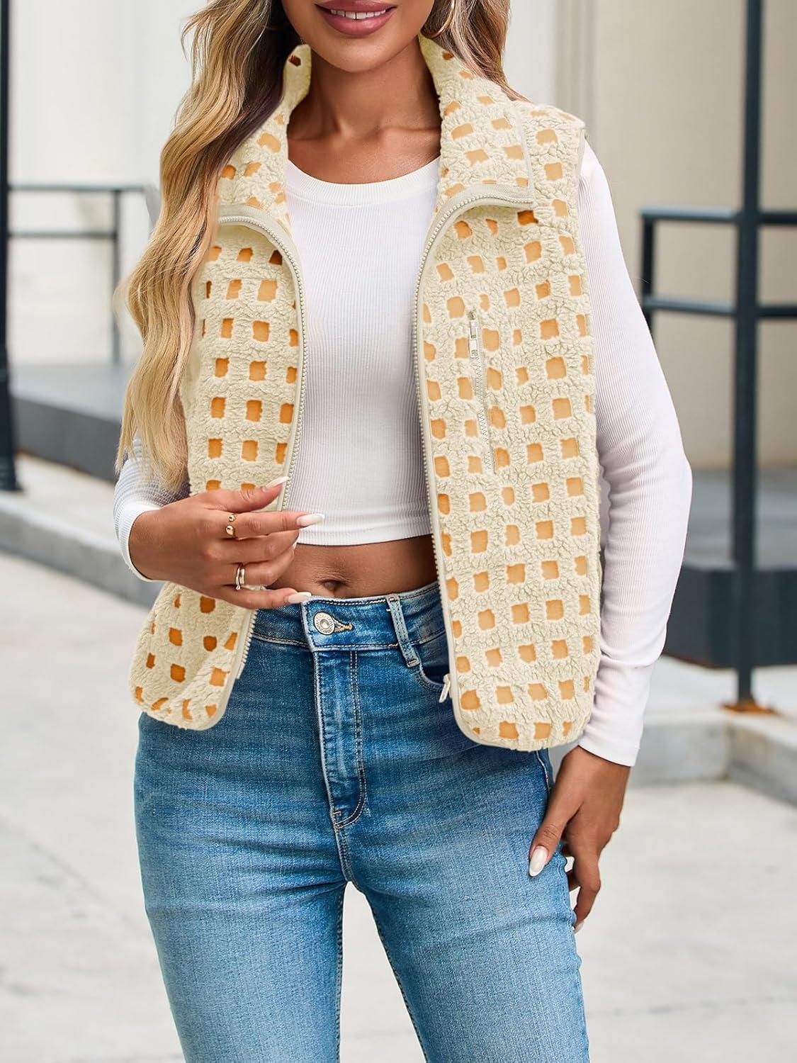 imageTankaneo Womens Checkered Sherpa Vest Fleece Fuzzy Zip Up Sleeveless Jacket Casual 2025 Winter Warm OutwearYellow