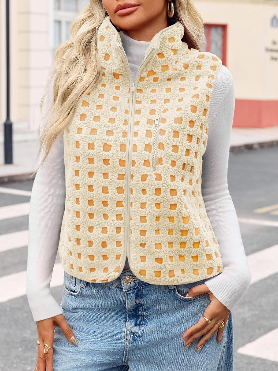 imageTankaneo Womens Checkered Sherpa Vest Fleece Fuzzy Zip Up Sleeveless Jacket Casual 2025 Winter Warm OutwearYellow
