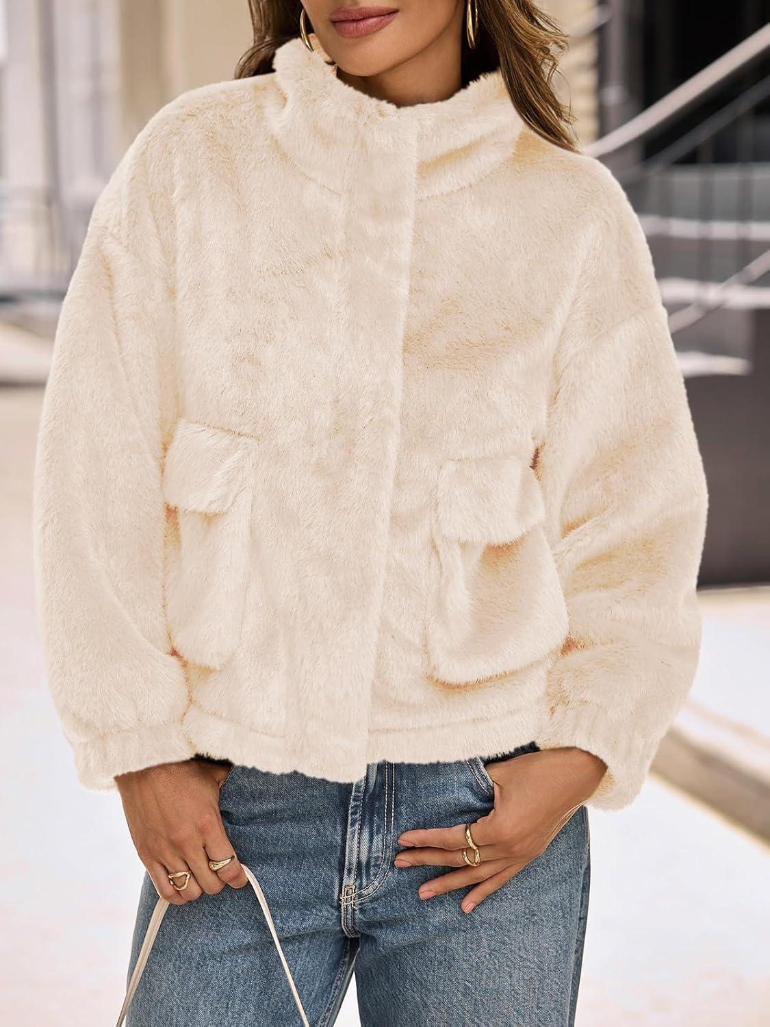 imageTankaneo Womens Cropped Faux Fur Coat Fleece Stand Collar Zip Up Jacket 2025 Winter Warm OuterwearApricot