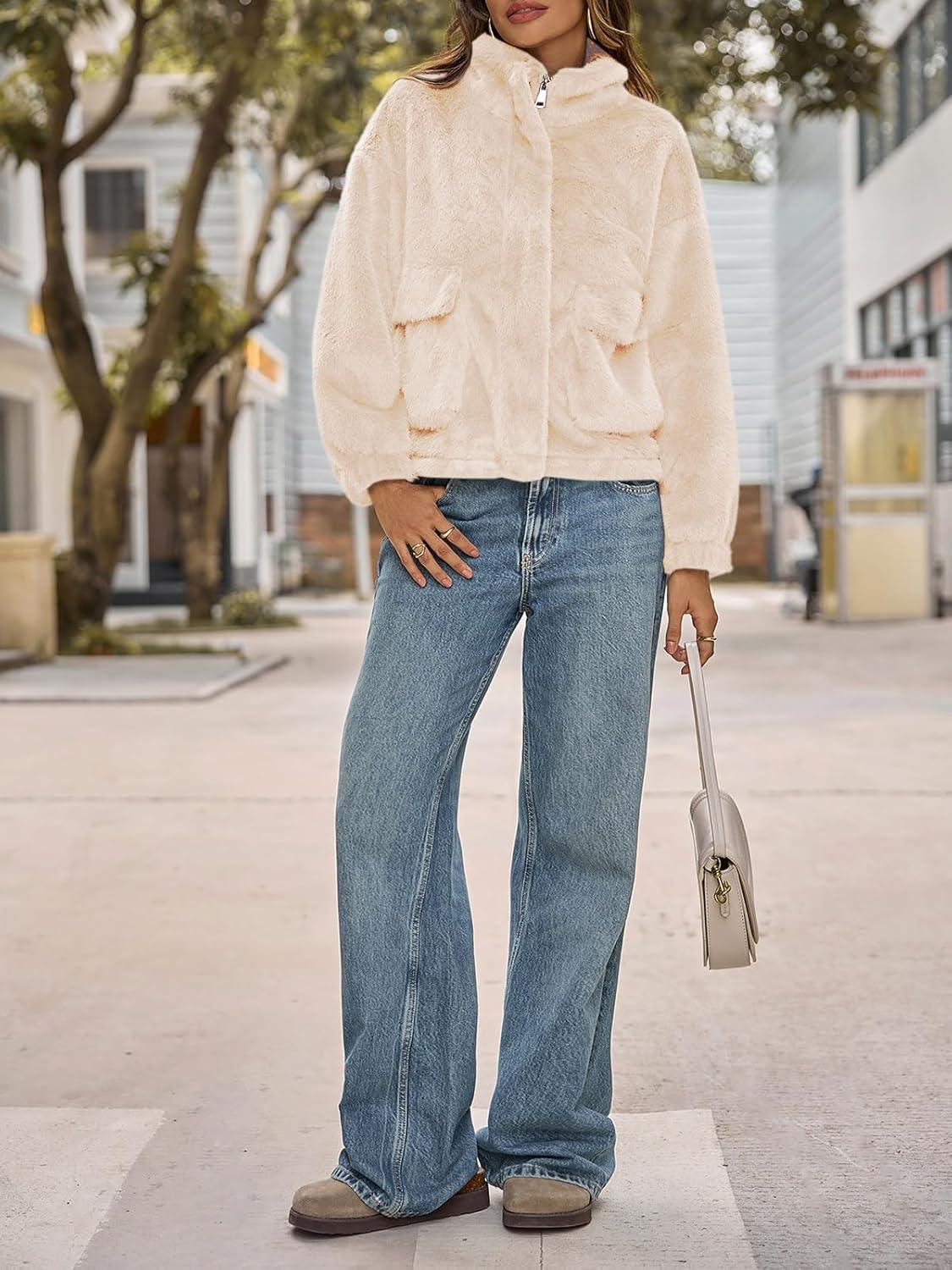 imageTankaneo Womens Cropped Faux Fur Coat Fleece Stand Collar Zip Up Jacket 2025 Winter Warm OuterwearApricot