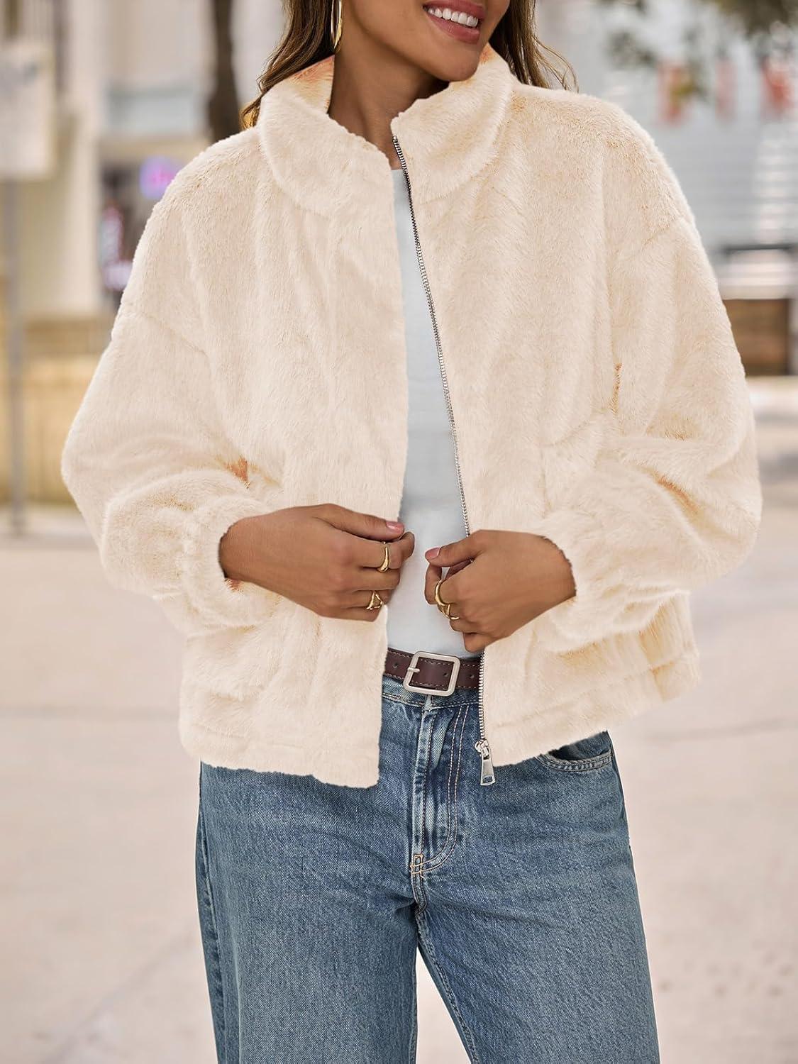 imageTankaneo Womens Cropped Faux Fur Coat Fleece Stand Collar Zip Up Jacket 2025 Winter Warm OuterwearApricot