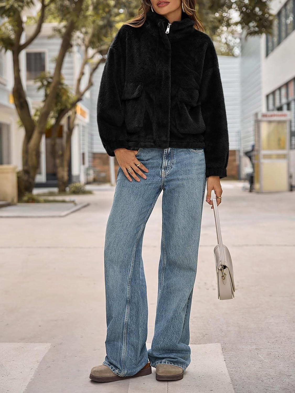 imageTankaneo Womens Cropped Faux Fur Coat Fleece Stand Collar Zip Up Jacket 2025 Winter Warm OuterwearBlack