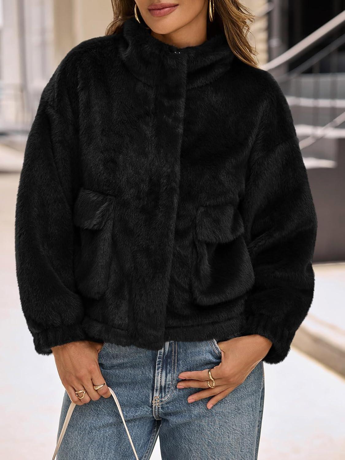 imageTankaneo Womens Cropped Faux Fur Coat Fleece Stand Collar Zip Up Jacket 2025 Winter Warm OuterwearBlack