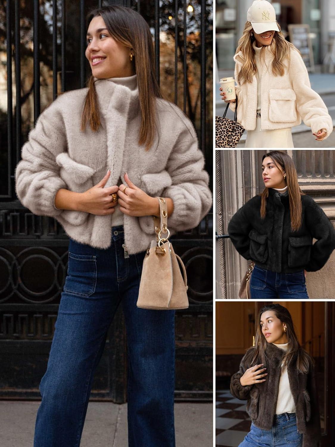 imageTankaneo Womens Cropped Faux Fur Coat Fleece Stand Collar Zip Up Jacket 2025 Winter Warm OuterwearKhaki