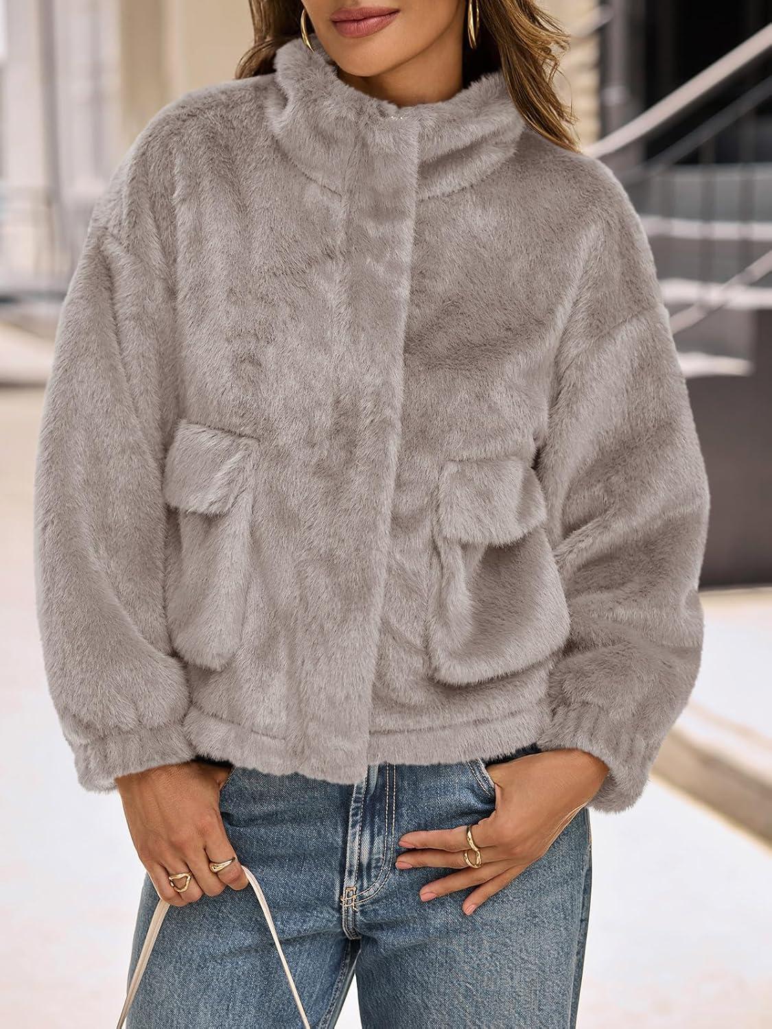 imageTankaneo Womens Cropped Faux Fur Coat Fleece Stand Collar Zip Up Jacket 2025 Winter Warm OuterwearKhaki