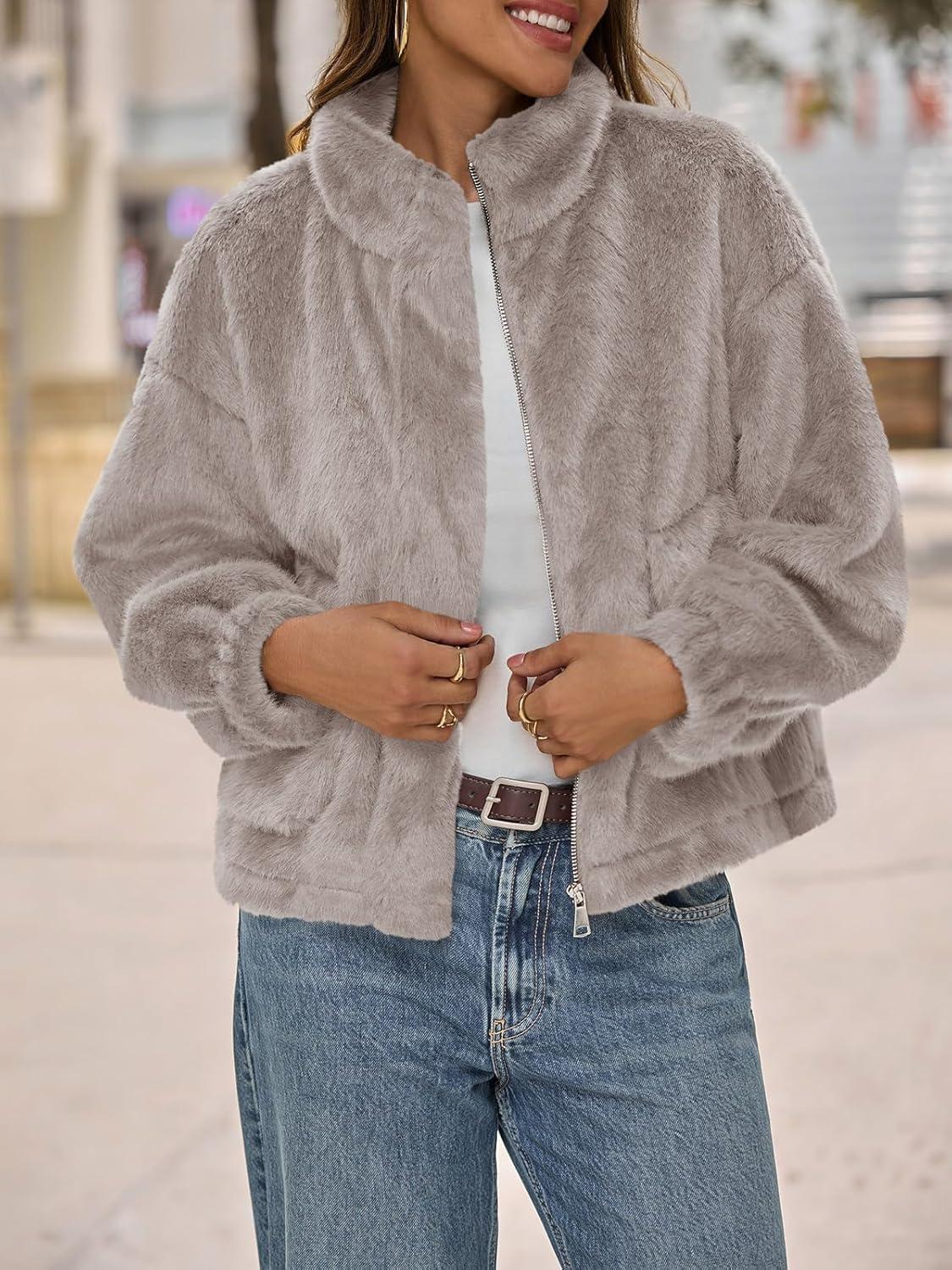 imageTankaneo Womens Cropped Faux Fur Coat Fleece Stand Collar Zip Up Jacket 2025 Winter Warm OuterwearKhaki