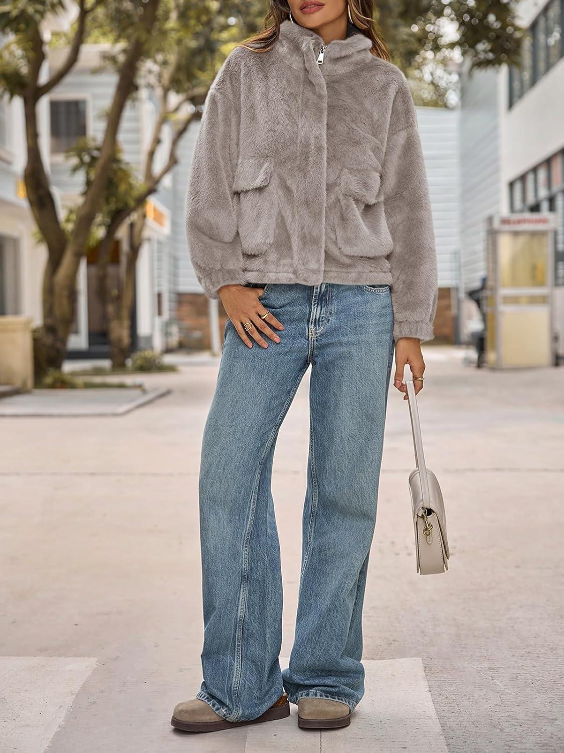 imageTankaneo Womens Cropped Faux Fur Coat Fleece Stand Collar Zip Up Jacket 2025 Winter Warm OuterwearKhaki