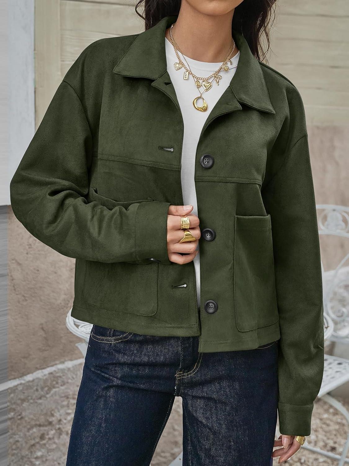 imageTankaneo Womens Cropped Faux Suede Jackets Lapel Collar Button Down Short Coats Fall Winter Vintage Trendy ShacketsArmy Green