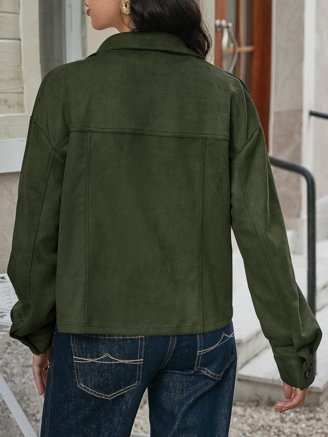imageTankaneo Womens Cropped Faux Suede Jackets Lapel Collar Button Down Short Coats Fall Winter Vintage Trendy ShacketsArmy Green
