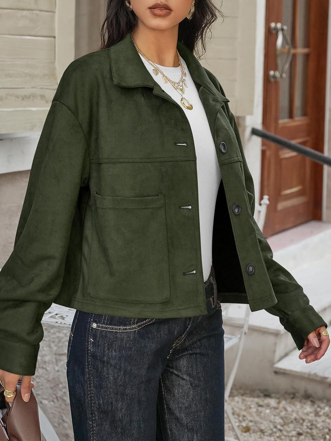 imageTankaneo Womens Cropped Faux Suede Jackets Lapel Collar Button Down Short Coats Fall Winter Vintage Trendy ShacketsArmy Green