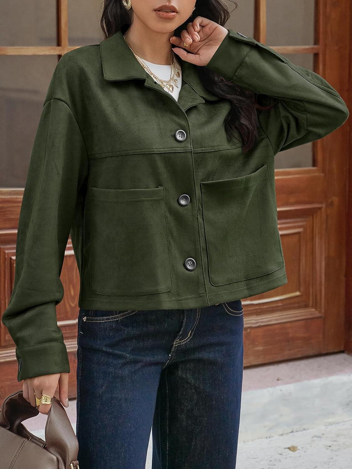 imageTankaneo Womens Cropped Faux Suede Jackets Lapel Collar Button Down Short Coats Fall Winter Vintage Trendy ShacketsArmy Green